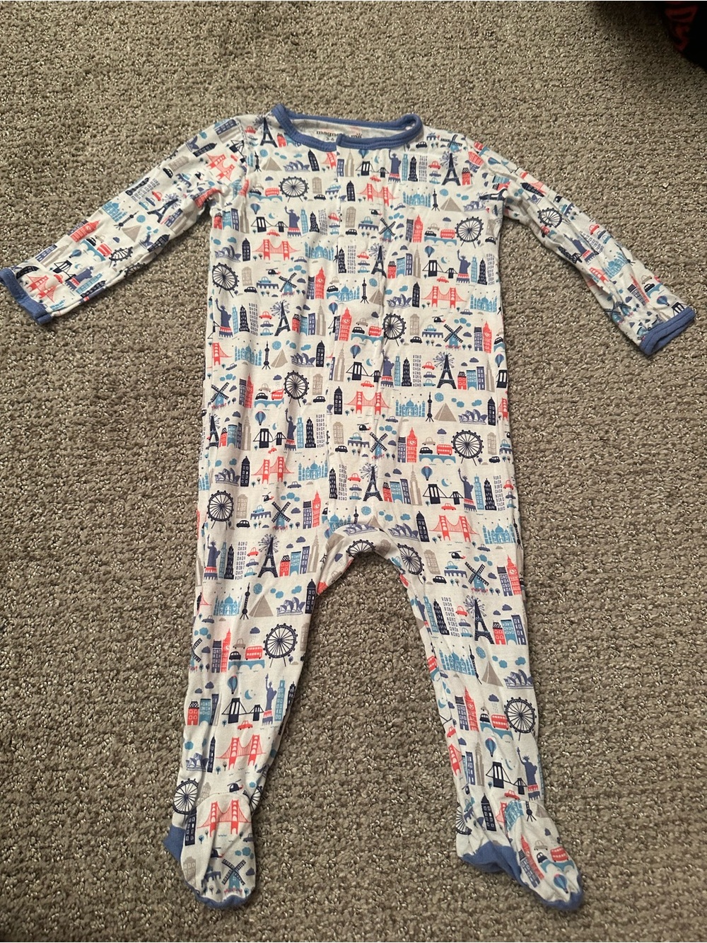 Magnetic Me White Footed One-Piece with Blue and Red City Print 3-6M